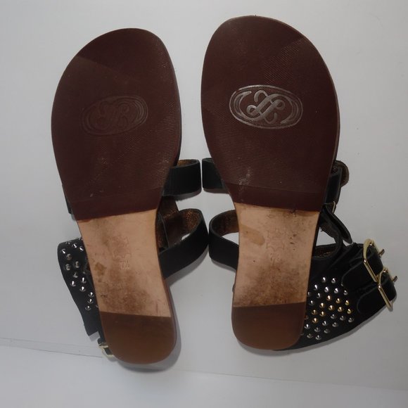 Cynthia Vincent Studded Buckle Black Leather Gladiator Ankle Flats Sandal 7.5 - Picture 5 of 10